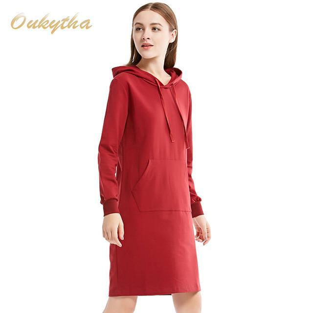 Autumn Sweaters & Pullovers Loose Solid Large Size Straight Students Long Sleeved Red Casual Hedging Hooded Women Oukytha M15469 - Tokyo Fashion