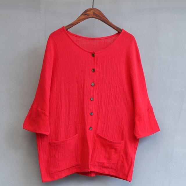 Button Pockets Loose Casual Blouses Vintage T-Shirts & Tops Women Johnature 4915058 - Tokyo Fashion