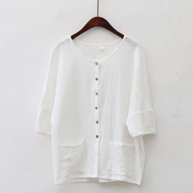 Button Pockets Loose Casual Blouses Vintage T-Shirts & Tops Women Johnature 4915058 - Tokyo Fashion