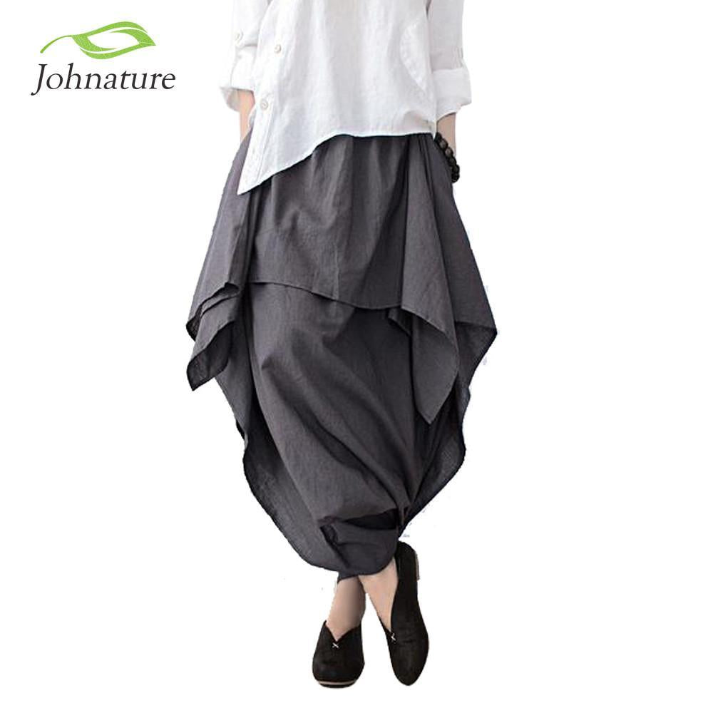 Asymmetric Pants Plus Size Capris Elastc Waist Skirt Women Johnature 706340 - Tokyo Fashion