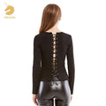 Blouses & Shirts Autumn Female Black Color O-neck Long Sleeve T-Shirt Slim Sexy Backless Back Women Oukytha S15079 - Tokyo Fashion