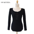 Blouses & Shirts Sexy Slim Low-cut Straped  Round Collar Long Sleeve Sheer Tees Women Oukytha 2120 - Tokyo Fashion