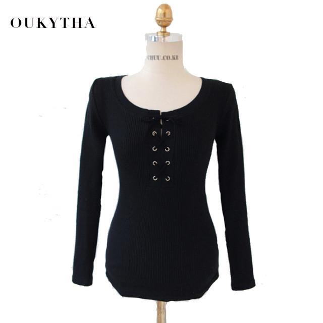 Blouses & Shirts Sexy Slim Low-cut Straped  Round Collar Long Sleeve Sheer Tees Women Oukytha 2120 - Tokyo Fashion