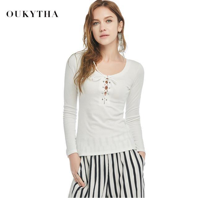 Blouses & Shirts Sexy Slim Low-cut Straped  Round Collar Long Sleeve Sheer Tees Women Oukytha 2120 - Tokyo Fashion