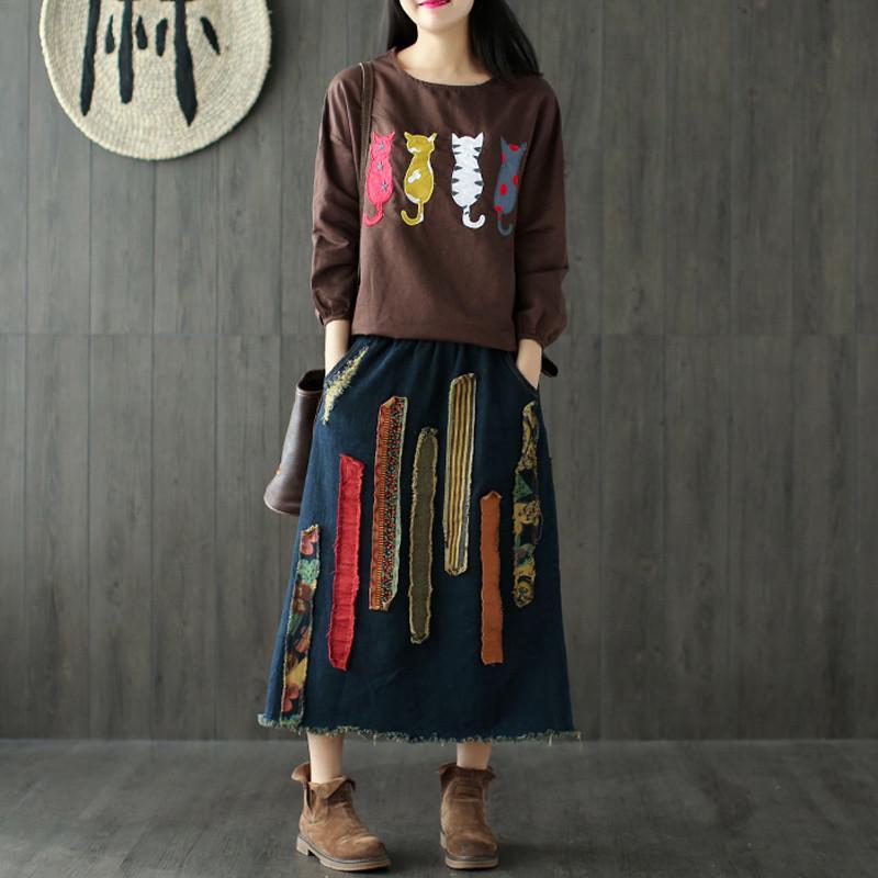 Appliques Elastic Waist Vintage Chinese Style Skirts Women Johnature 6929640 - Tokyo Fashion