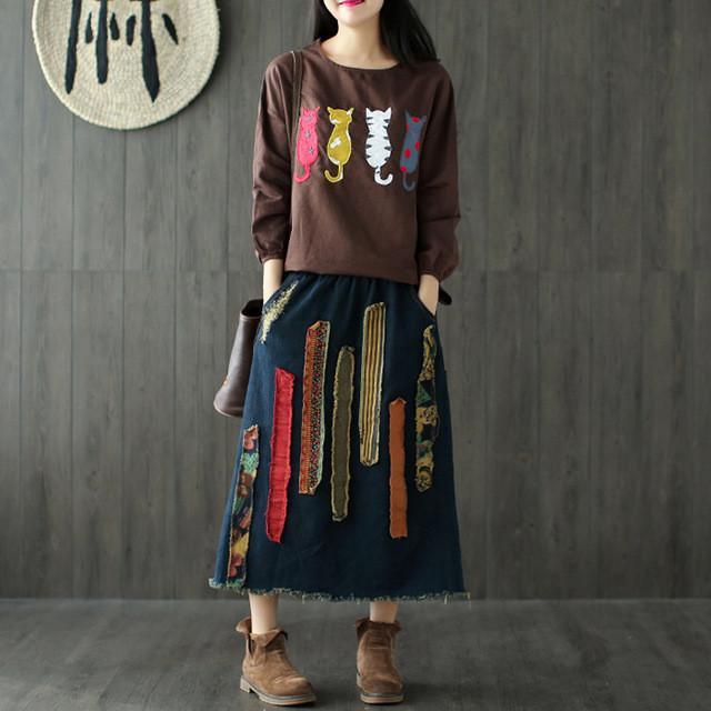 Appliques Elastic Waist Vintage Chinese Style Skirts Women Johnature 6929640 - Tokyo Fashion