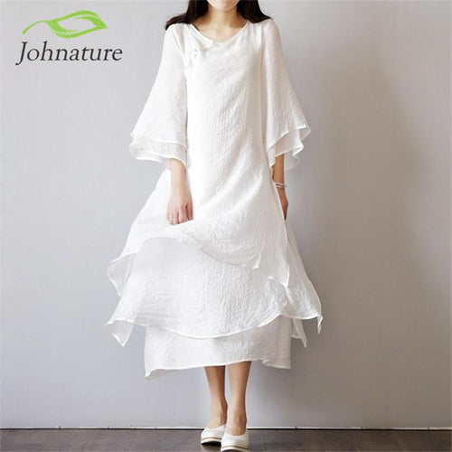 Acetate Fiber V-Neck Loose Casual Dress Women Johnature 5204698 - Tokyo Fashion