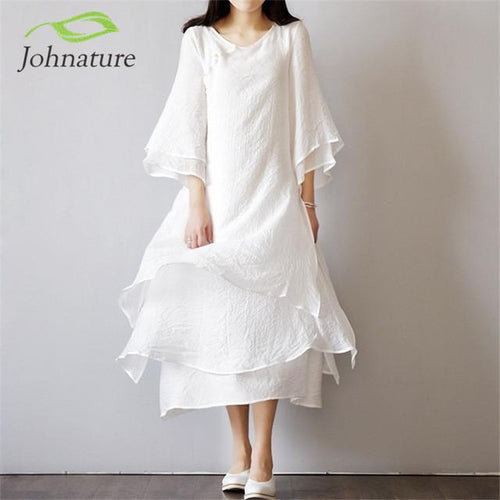 Acetate Fiber V-Neck Loose Casual Dress Women Johnature 5204698 - Tokyo Fashion